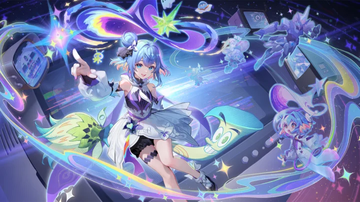 一名蓝发动漫少女站在充满星光、彩色能量带和游戏设备元素的奇幻画面中央。