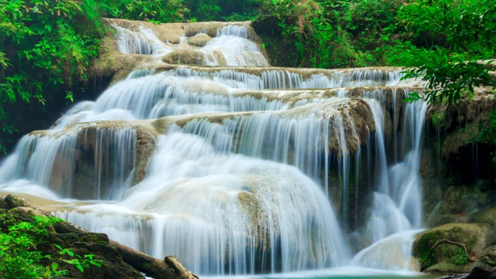 森林中的层叠瀑布沿岩石台阶流淌，形成柔和的白色水帘。
