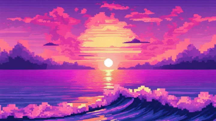 像素艺术风格的夕阳映照湖面，远处是层叠的云霞与岸线，前景可见起伏的浪花。