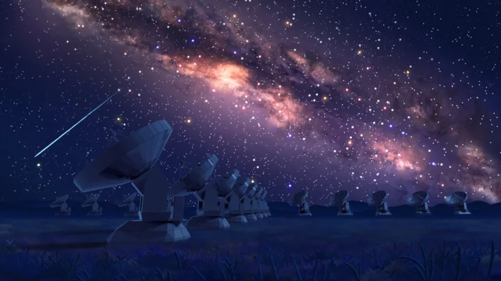 银河横跨繁星密布的夜空，前景排列着一组射电望远镜。