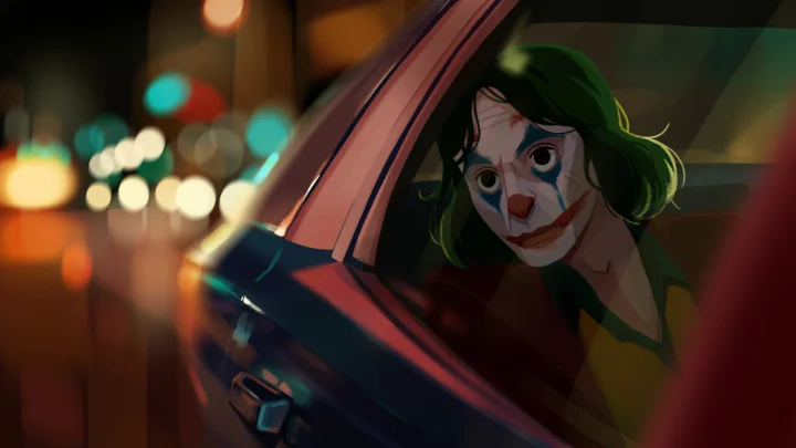 アニメ風のイラストで、夜の車窓のそばからピエロメイクの人物が身を乗り出し、背景には色とりどりのぼやけた光が見える。