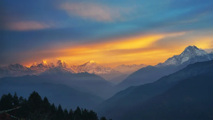 夕阳映照着远处的雪山与层叠山谷，前景是深色森林。