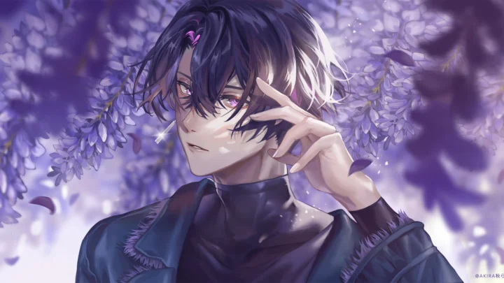 一名黑发动漫男子置身紫色花朵之间，画面以冷紫色调为主。