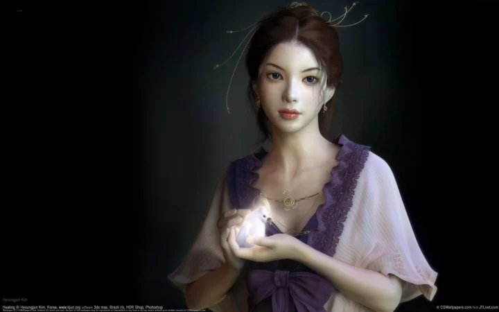 一位身穿紫色服饰的数字化女性人物在深色背景前双手托着发光球体。