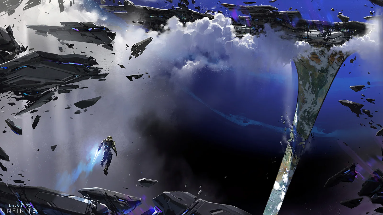 画面展现漂浮在深空中的巨大飞船、蓝色星球和云雾状宇宙背景。