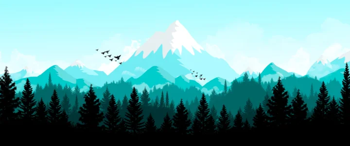 画面呈现白雪覆盖的高山、层叠山脉与深色针叶林的扁平插画风景。