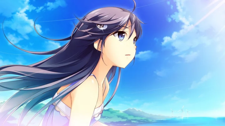 一位长发动漫少女面向海面站在明亮的蓝天与海岸前。
