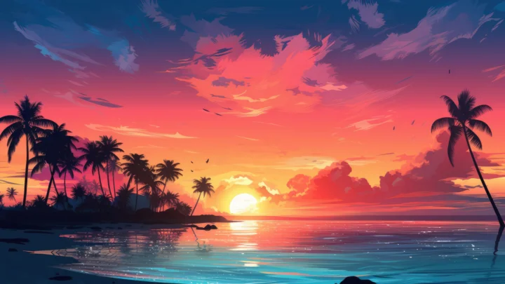 夕阳映照着海面，棕榈树 silhouetted along a tropical beach.