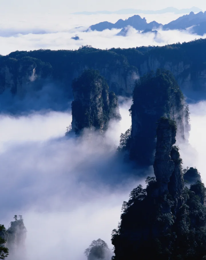云雾缭绕的青翠山峰与石柱构成静谧的山间景观。