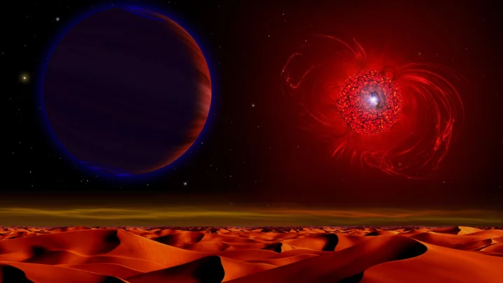 黑色星空下，一颗暗色行星与发光的红色磁场悬浮在红色荒漠上方。