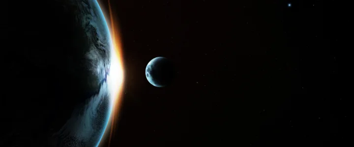黑色星空中可见地球边缘、一道明亮的日光以及远处的小行星。