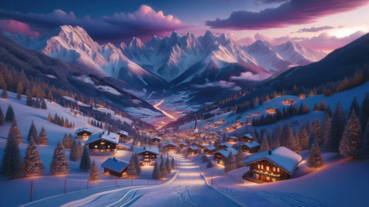 暮色中的积雪山村坐落在群山之间，暖黄色灯光映照着蜿蜒的雪道与松林。
