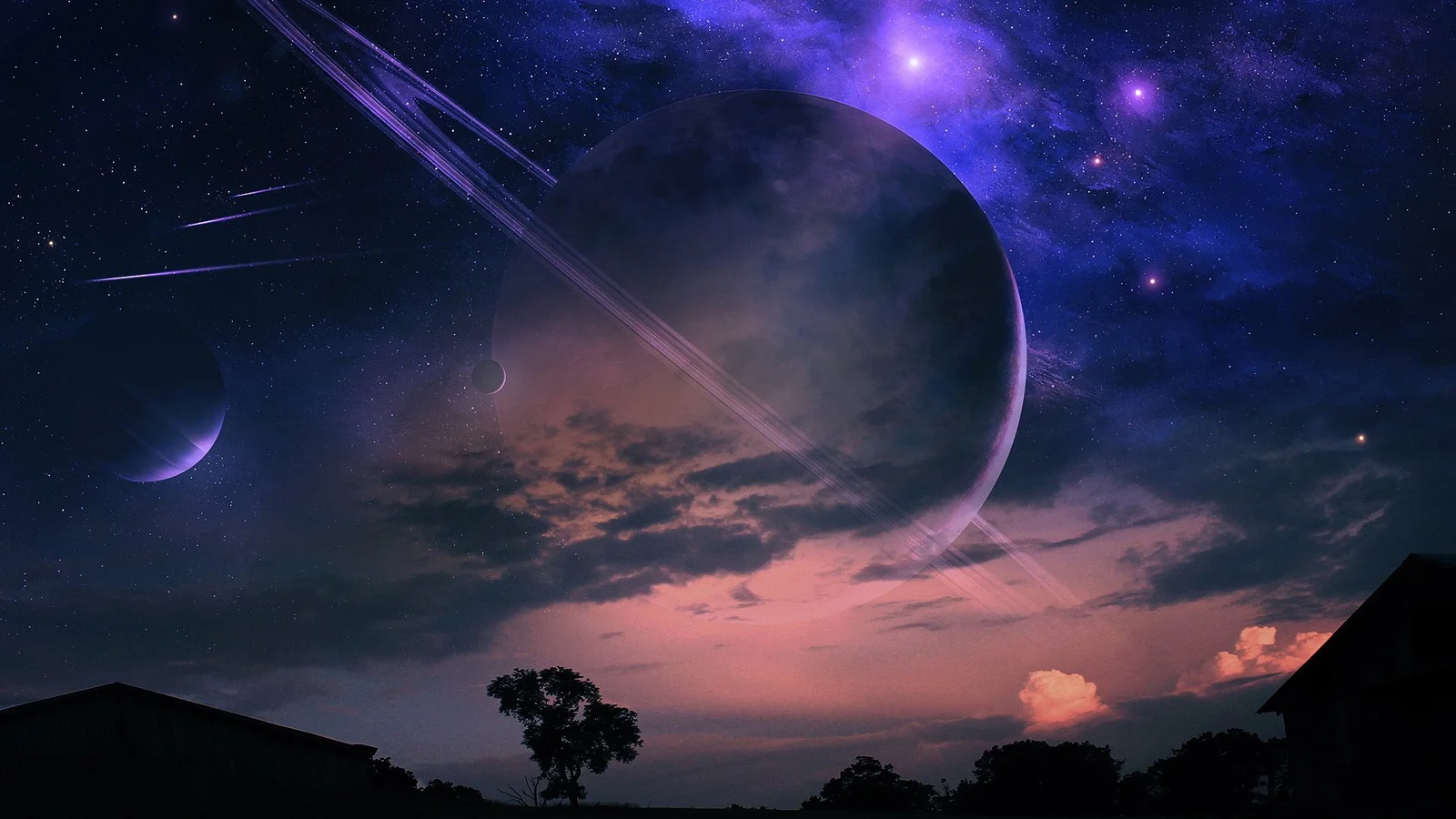紫色星云与繁星环绕着一颗巨大的行星，远处地平线呈现粉色暮光并映出树木和建筑剪影。