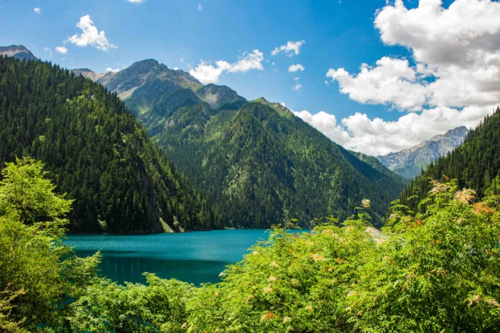 蓝天下的高山、森林与碧蓝湖泊构成宁静壮丽的自然风景。