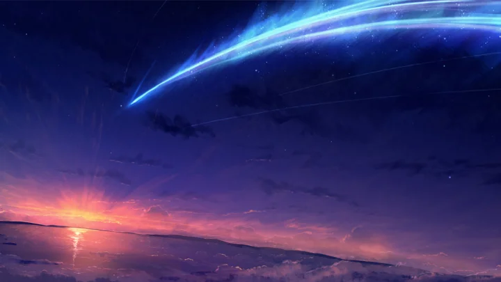 蓝色流光划过星空，映照着紫色云层与远方地平线的橙色霞光。