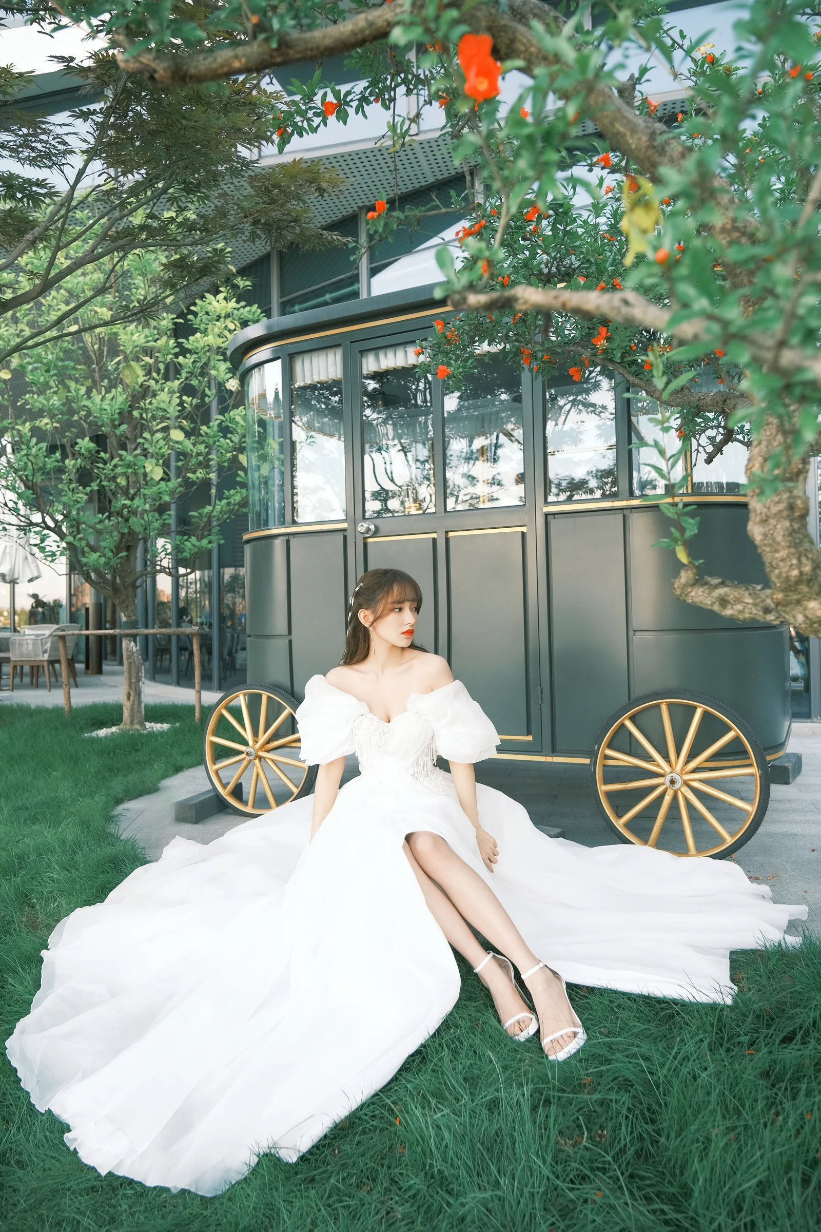 白いドレスを着た女性が庭の芝生に座り、後ろには装飾的な馬車があります。