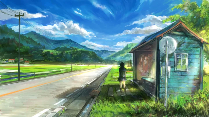 动漫风格的乡间道路穿过稻田，远处是群山，路旁有一间木屋。
