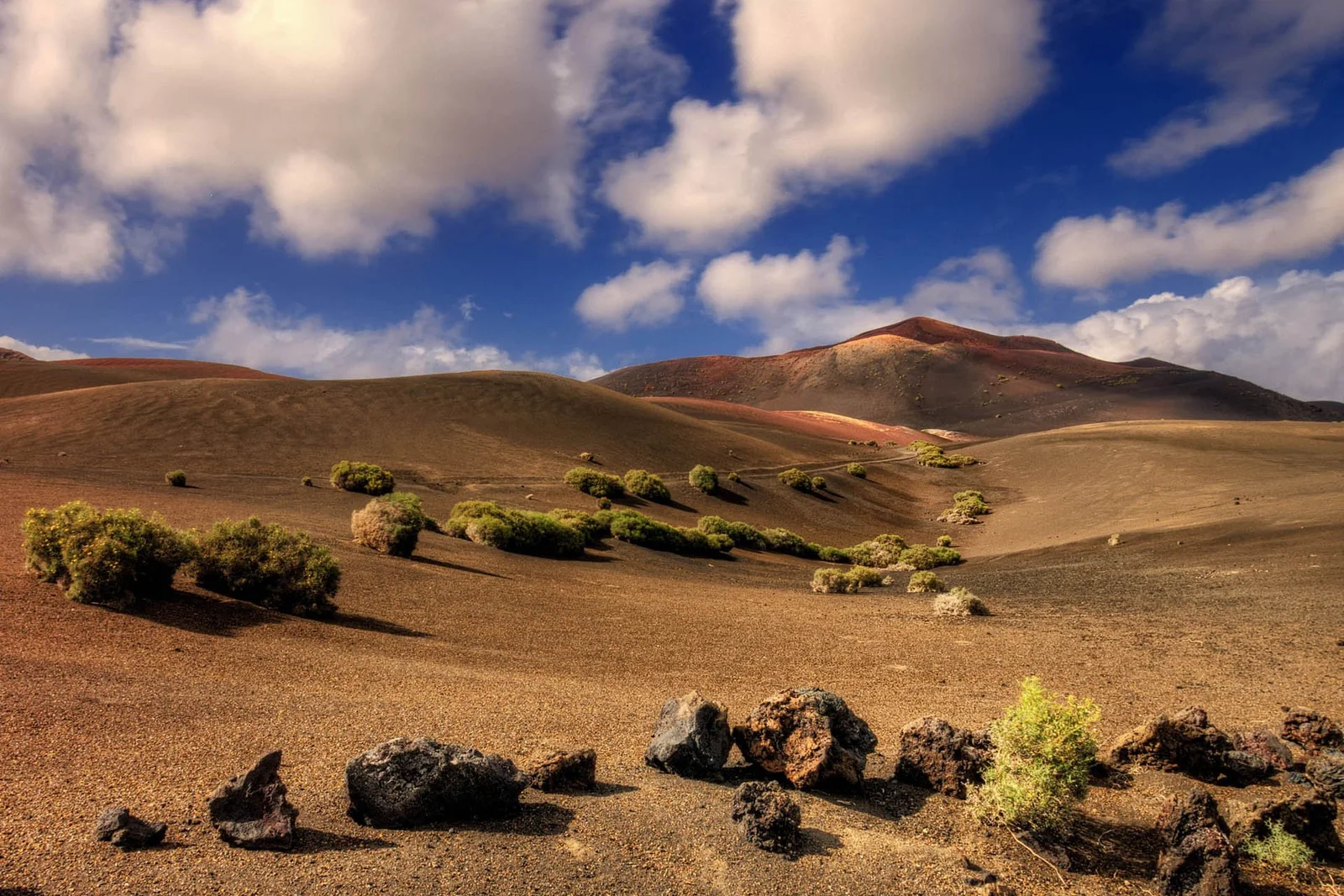 棕色火山荒原延伸至远处的丘陵，前景散落着黑色火山岩，湛蓝天空中点缀着蓬松白云。