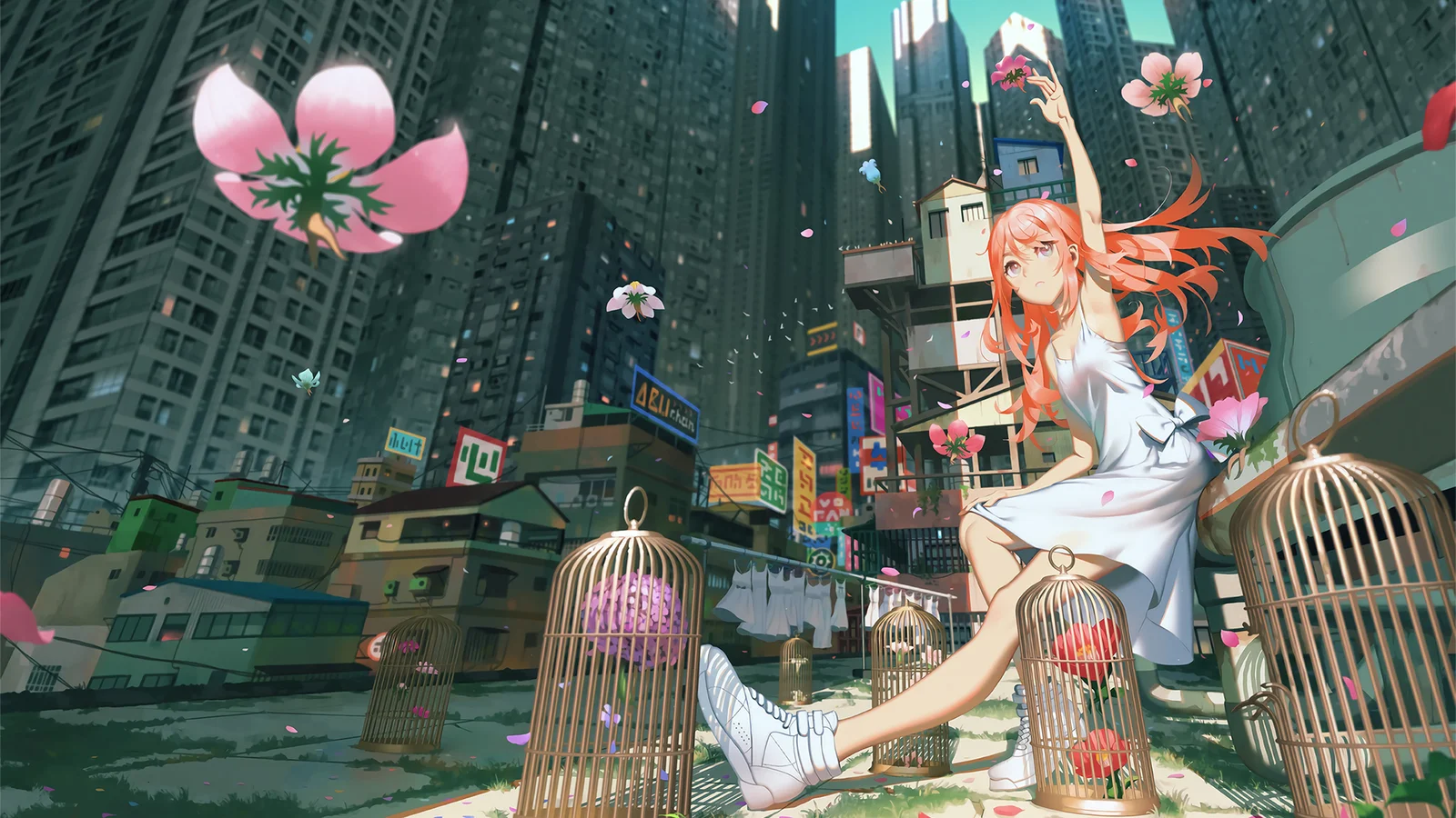 オレンジ色の髪のアニメ風の少女が白いドレスを着て、鳥かごと舞い落ちる花びらに囲まれた街角に座っています。