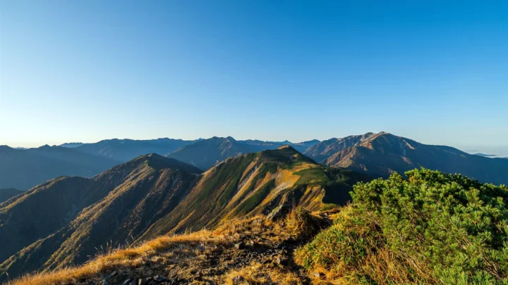 阳光照亮了层叠的山脊，前景是绿色灌木，远处延伸着清晰的山峰与蓝天。