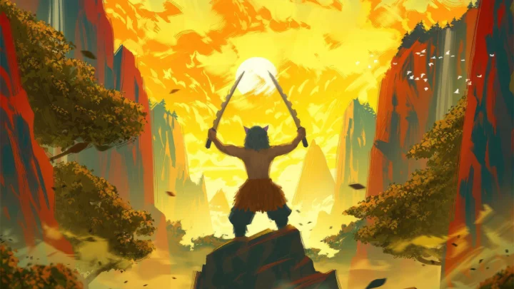 金色夕阳照亮两侧峡谷，一名 silhouetted figure stands on a rock holding two raised blades.