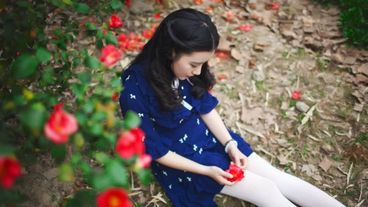파란 드레스를 입은 여성이 정원에 앉아 빨간 꽃을 들고 있습니다.