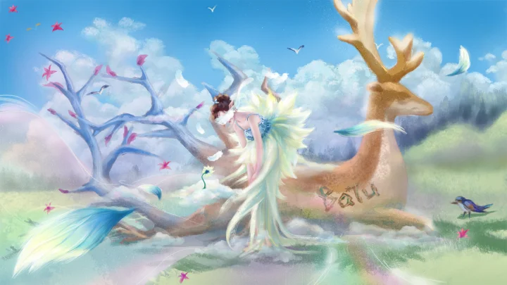 一幅梦幻插画描绘了鹿、长发人物、开花树木与飞鸟构成的明亮奇幻场景。