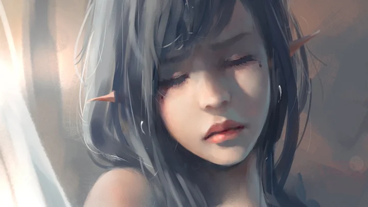 目を閉じた銀灰色の髪のエルフ少女を描いた、柔らかな光に包まれた顔のクローズアップイラスト。