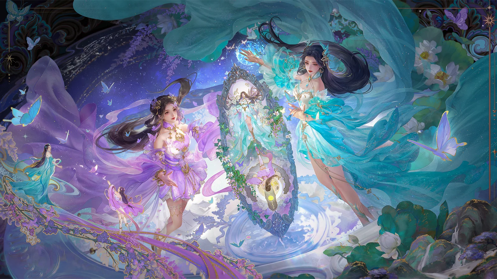画面描绘了几位身着华丽服饰的动漫女性角色，置身于蝴蝶、花朵与梦幻光影交织的奇幻场景中。