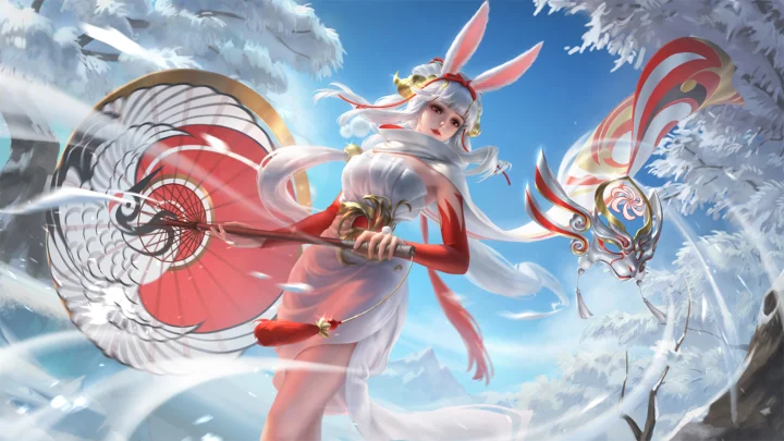 一名身穿白红服饰的动漫女性手持扇子站在雪林中，旁边悬浮着一张彩绘面具。