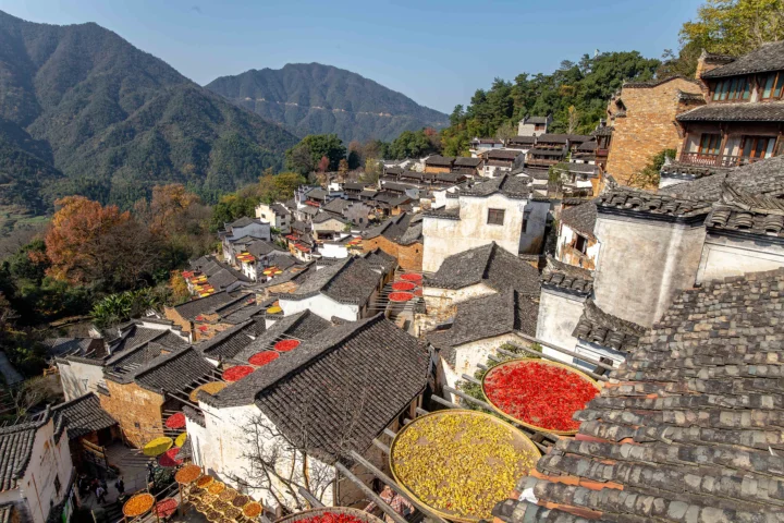 群山环抱的传统山村层叠铺展在画面中，屋顶上摆放着色彩鲜艳的圆形晾晒盘。