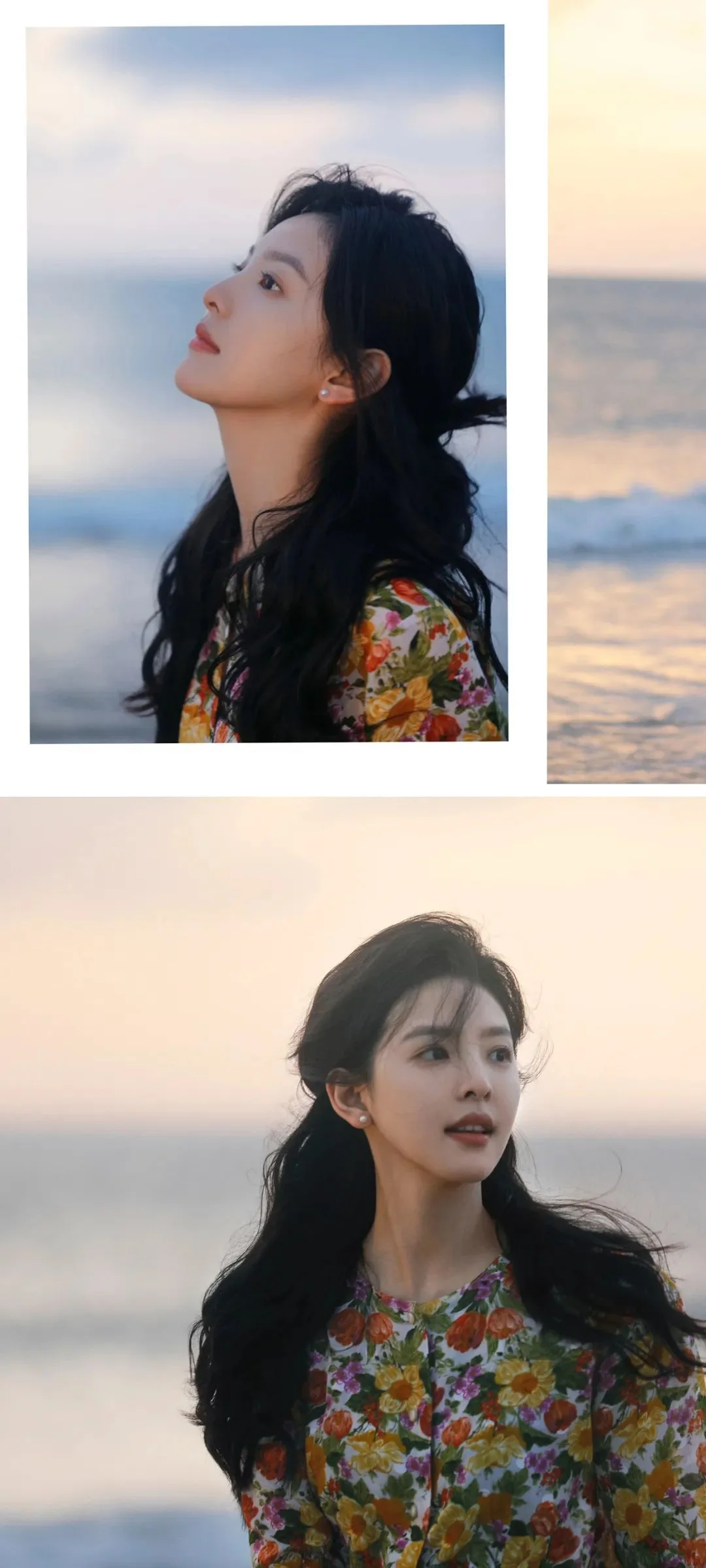 꽃무늬 원피스를 입은 성인 여성이 바닷가에 서 있으며 옆모습과 정면 모습 두 장의 인물 사진으로 구성되어 있습니다.