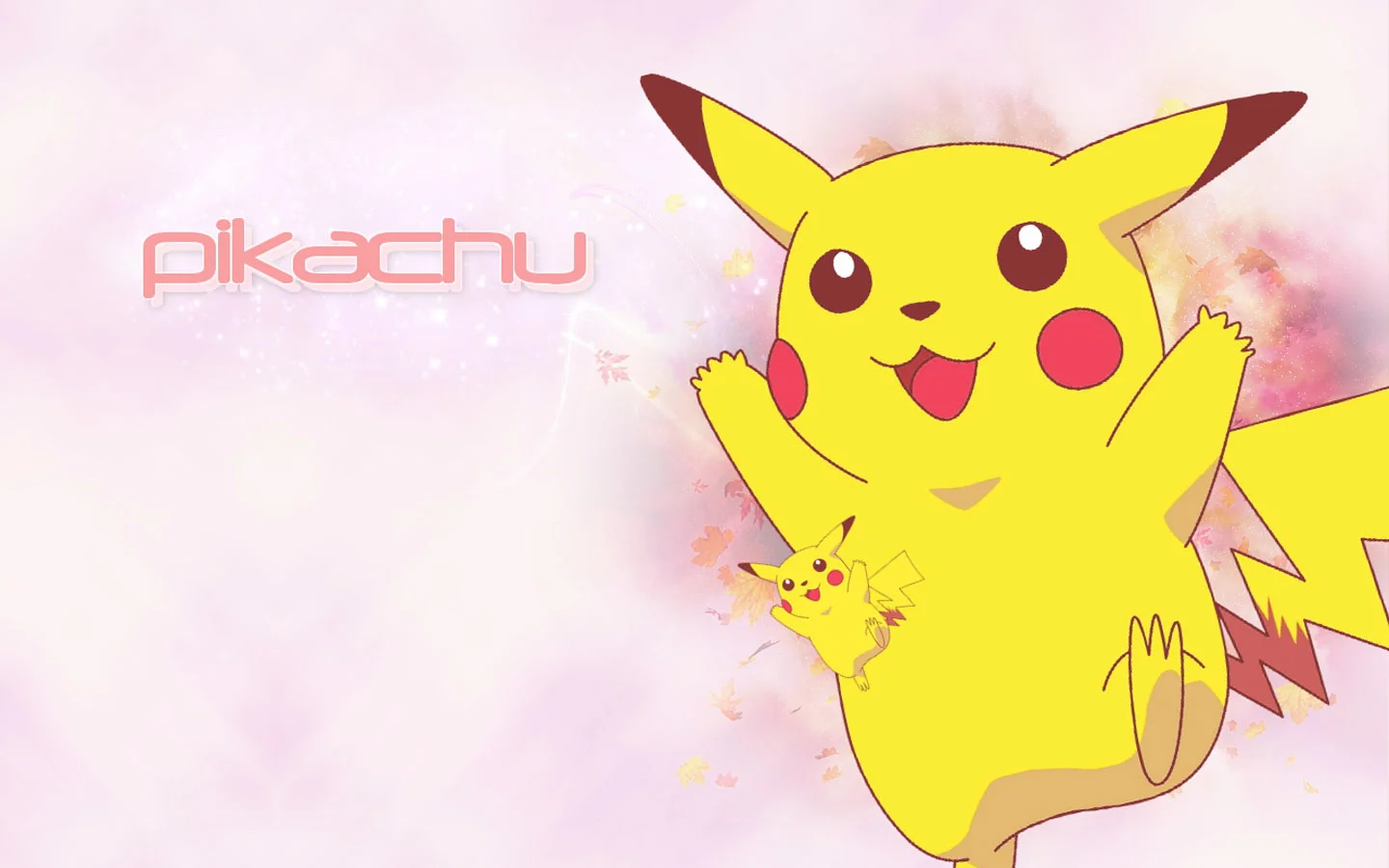 画面展示一只张开双臂的皮卡丘，背景为粉彩色梦幻光影并带有“pikachu”文字。