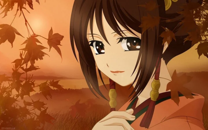 秋の夕日と舞い落ちる紅葉を背景に、アニメ風の少女が微笑んでいる。