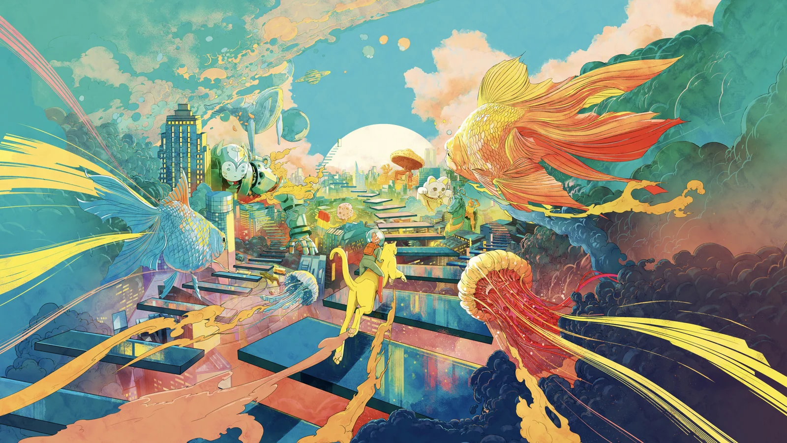 一幅色彩鲜艳的奇幻插画，几条巨大的鱼漂浮在层叠建筑与云朵之间。