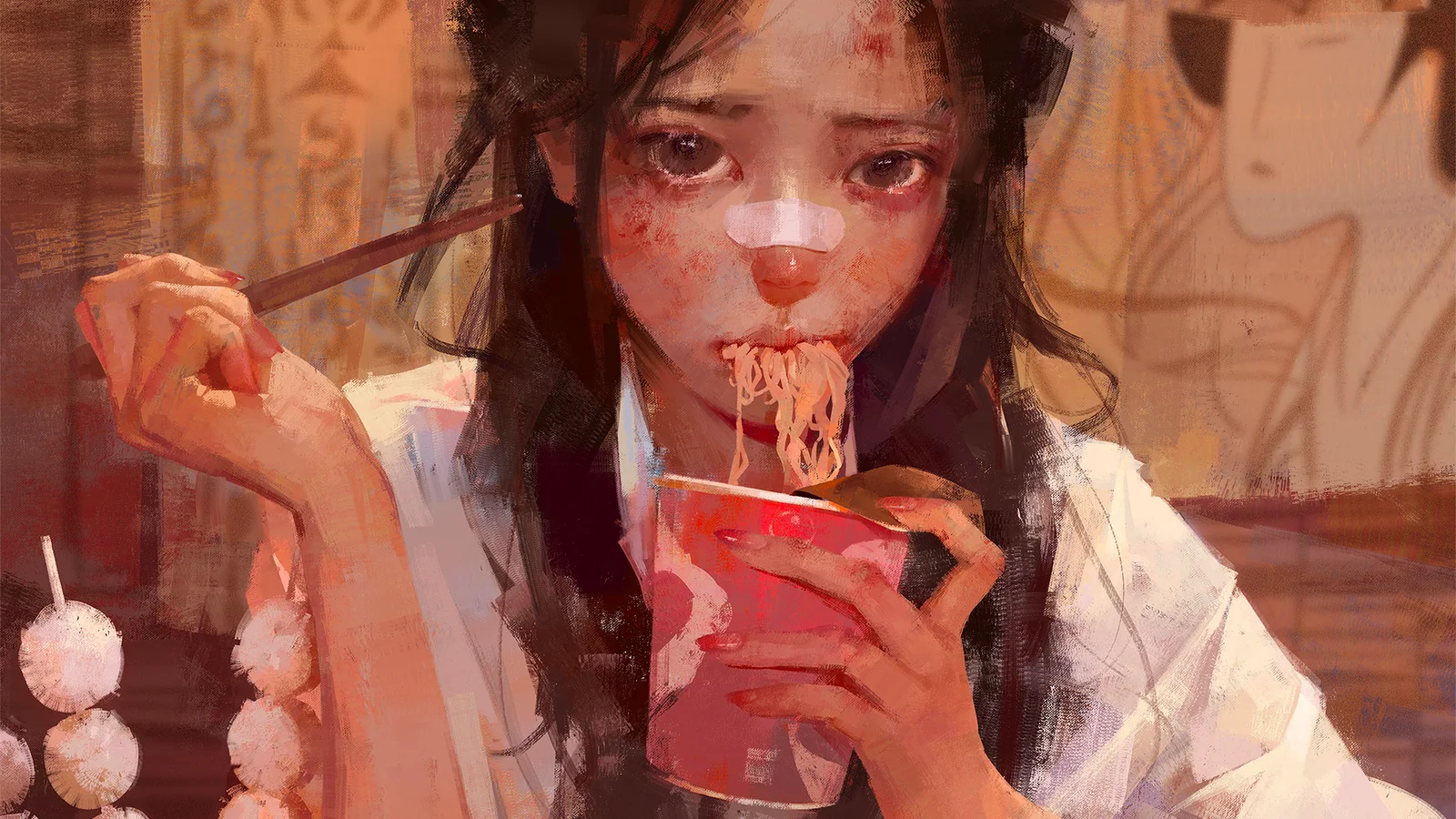 一名动漫风格的女孩手持筷子和纸杯吃着拉面。