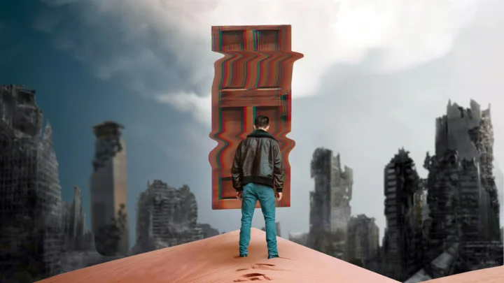一名人物站在红色地面上，面前悬浮着扭曲的门状结构，背景是阴云笼罩的废墟高楼。
