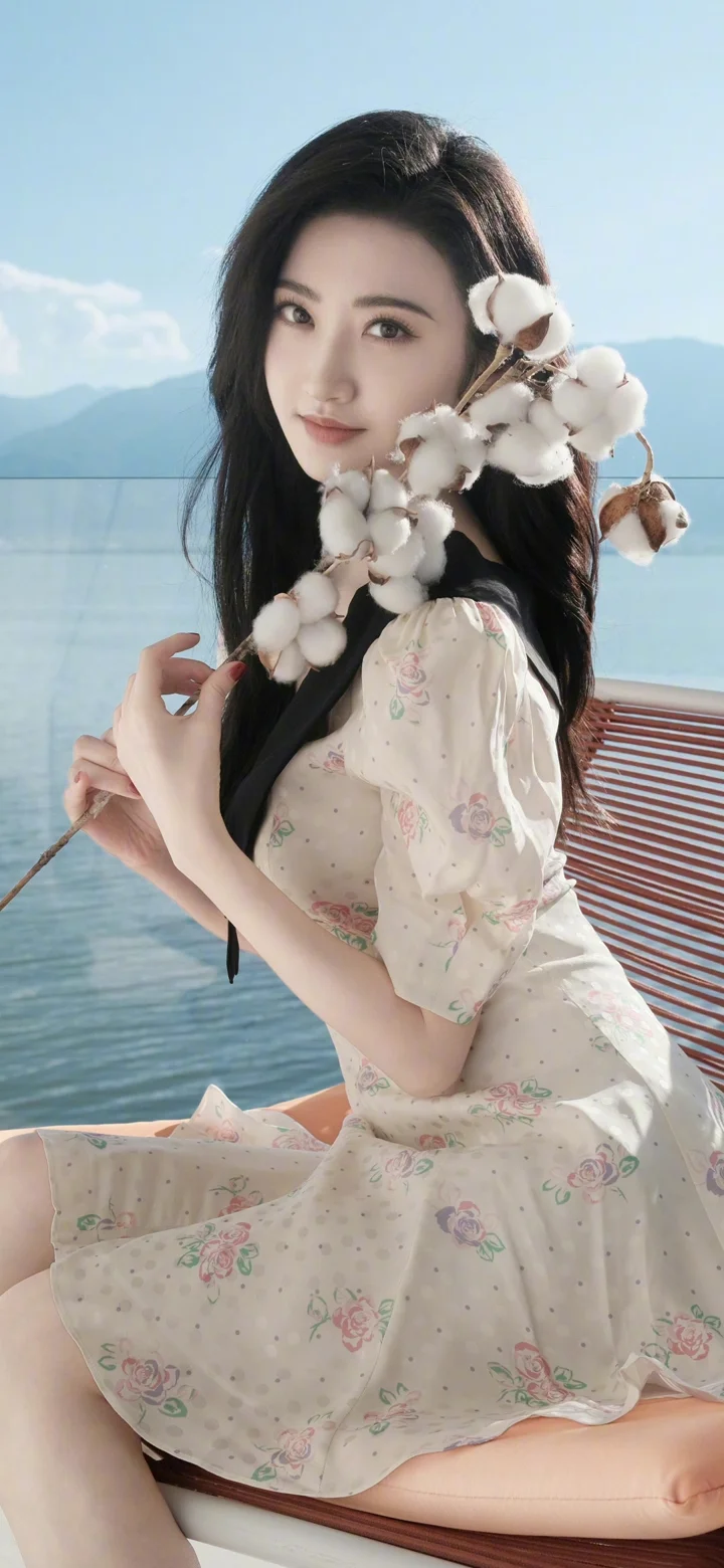 一位成年女性穿着浅色碎花连衣裙，手持棉花枝坐在湖畔船上。