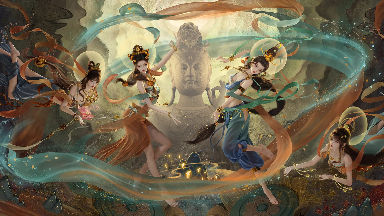 画面展现多位身着古典服饰的女性人物围绕佛像起舞，彩色飘带在空中交织。
