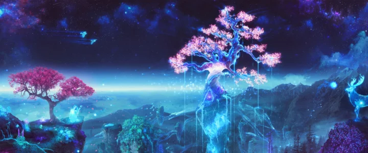 蓝紫色奇幻场景中可见发光的粉色树木、蓝色植被与星点般的深色天空。