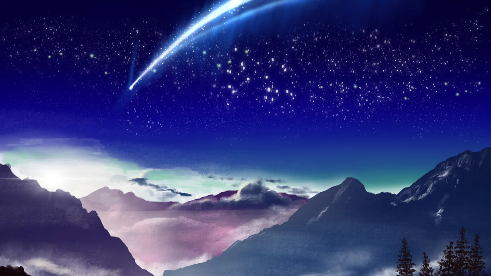 きらめく星空を流星が横切り、下には雲に包まれた山々が広がっています。