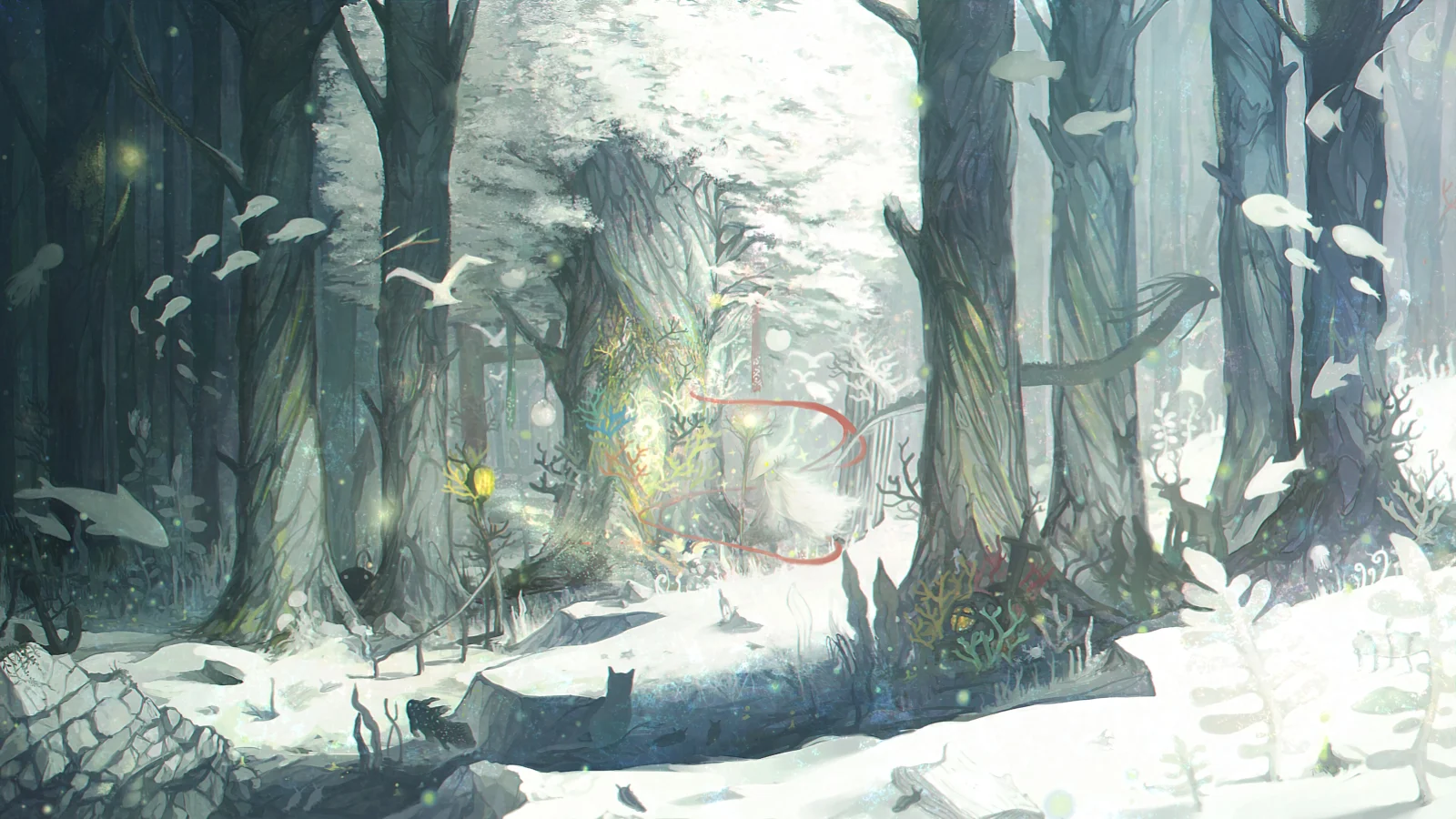 一条被积雪覆盖的小径穿过高大的森林，画面中点缀着柔和的光点。