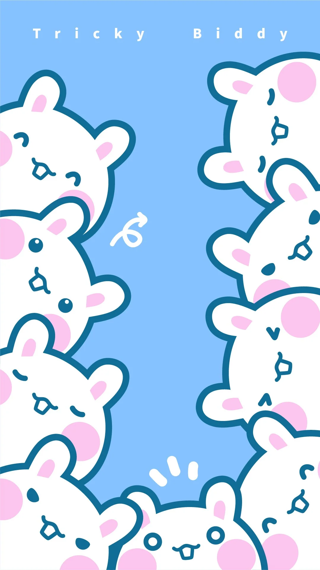 淡い青色の背景に、ピンクの細部を持つ白いかわいいクマのイラストが並んでいます。