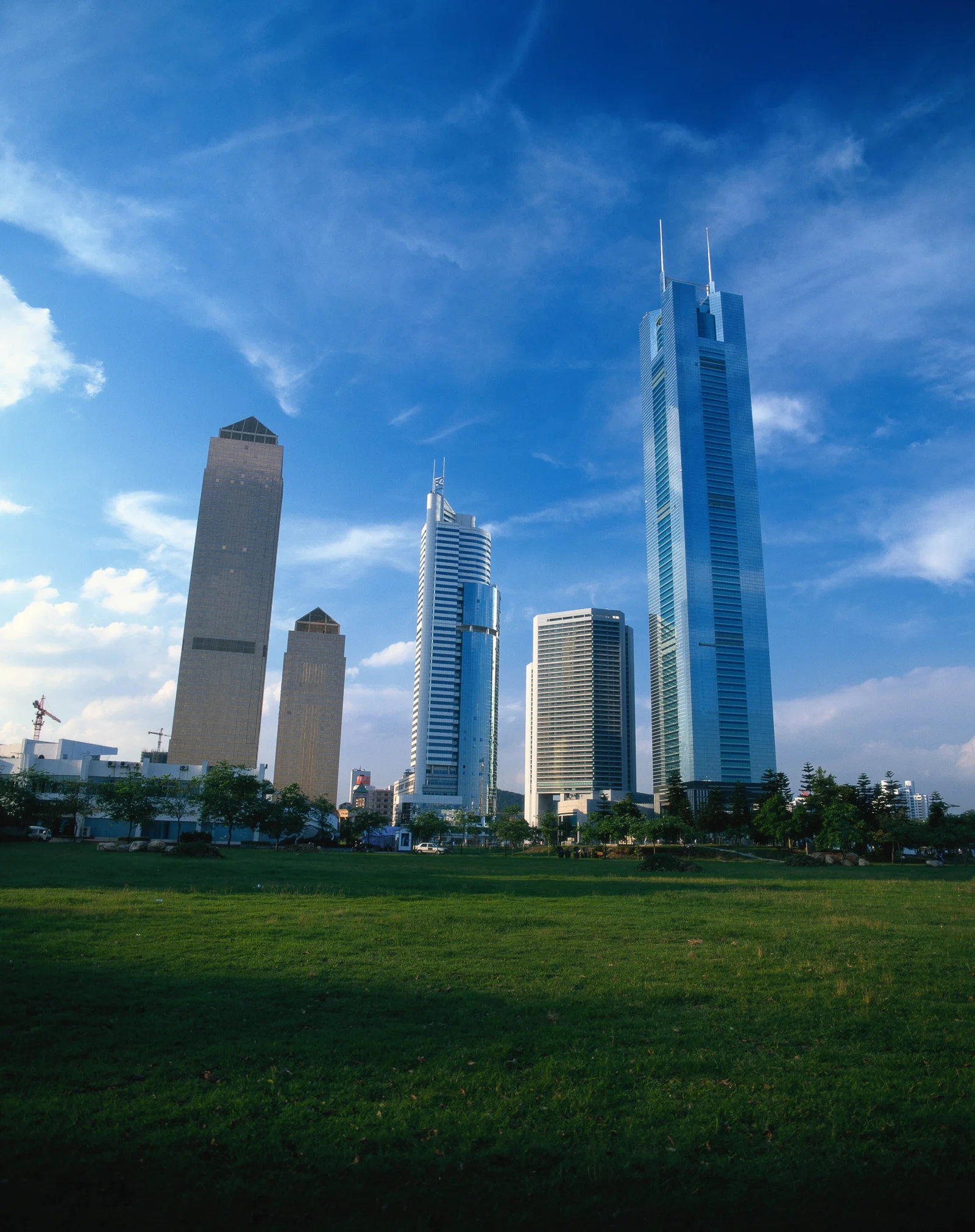 高楼林立的城市天际线矗立在蓝天白云下，前方是一片绿色草地。