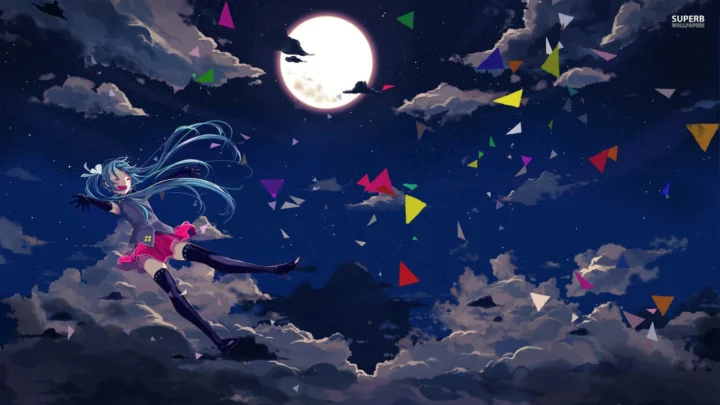 夜空中明月、云层和彩色碎片环绕着一名动漫女孩。