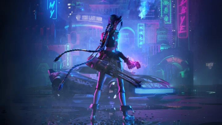 一名未来风格的女性身影站在霓虹灯映照的城市街道与汽车前方。