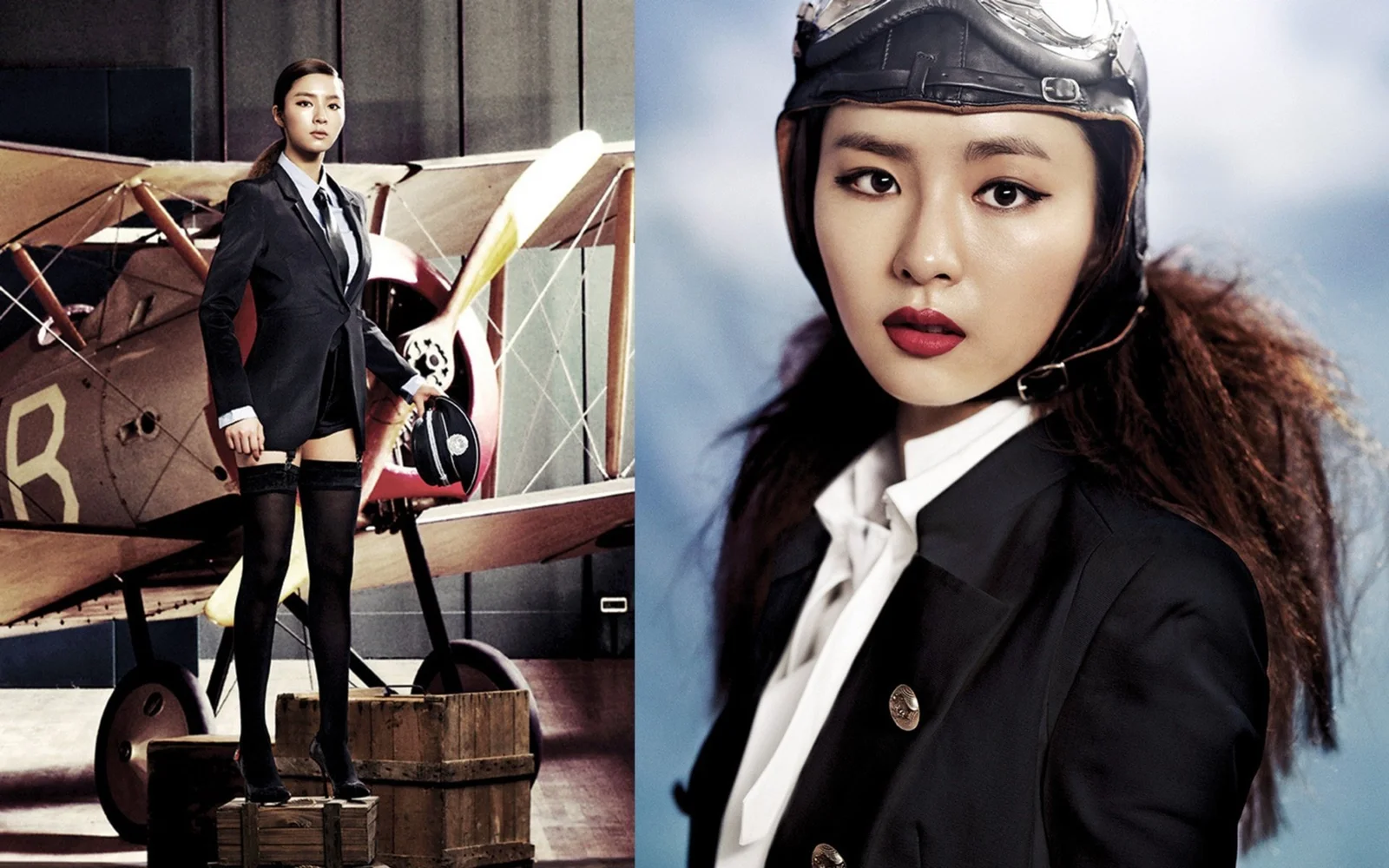 검은색 의상을 입은 성인 여성 두 명이 보이며, 한 명은 비행기 옆에 서 있고 다른 한 명은 조종사 헬멧을 쓰고 있습니다.