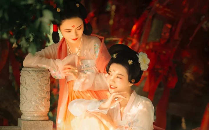 两名身穿传统服饰的女性在红色树木背景前摆姿势。