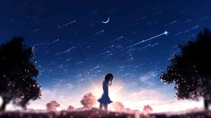 一名小小的剪影站在暮色田野中，头顶是新月与明亮的星轨。