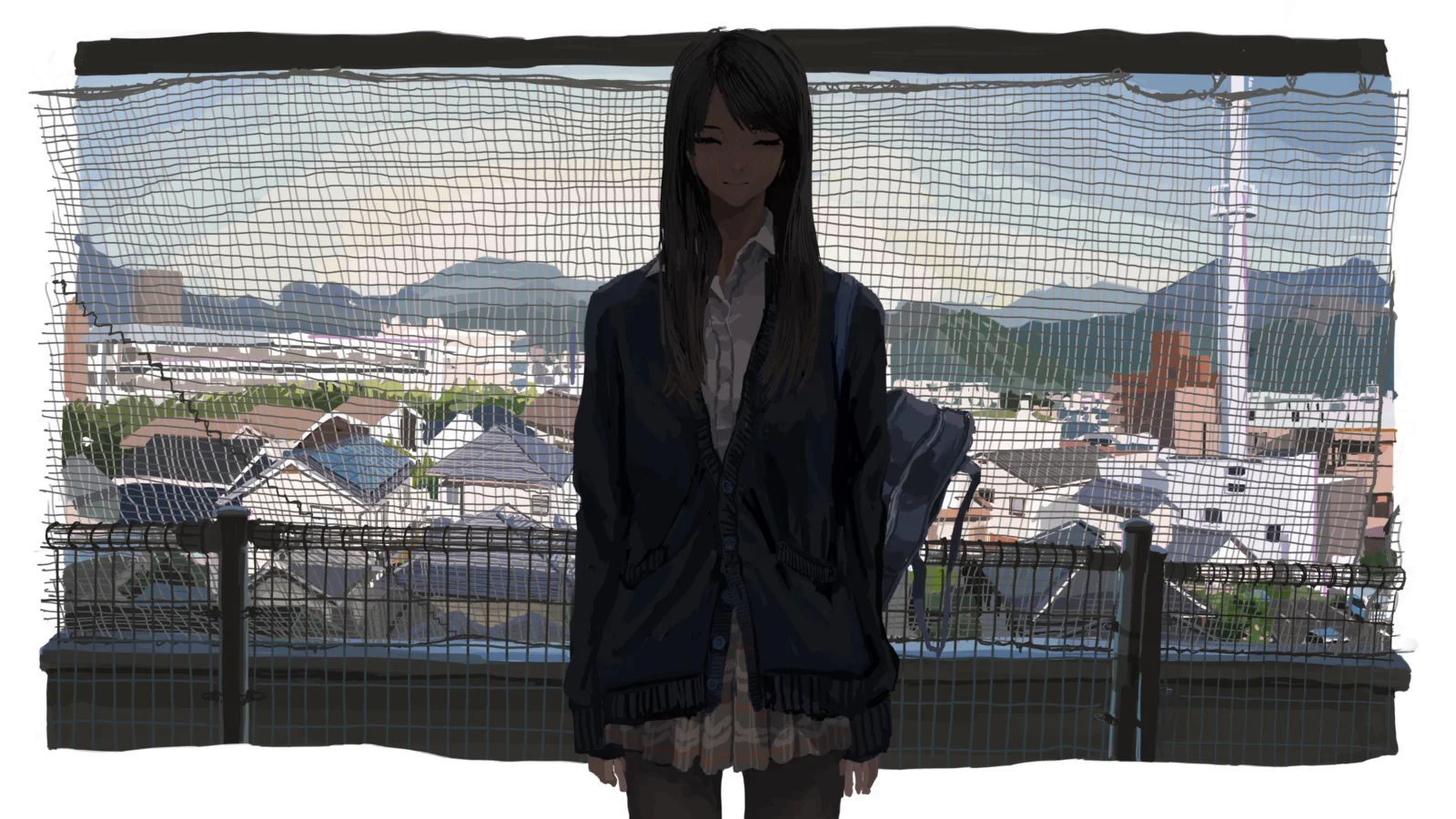 검은 머리의 애니메이션풍 소녀가 높은 곳의 난간 앞에 서 있고 뒤로 도시와 먼 산, 맑은 하늘이 보입니다.